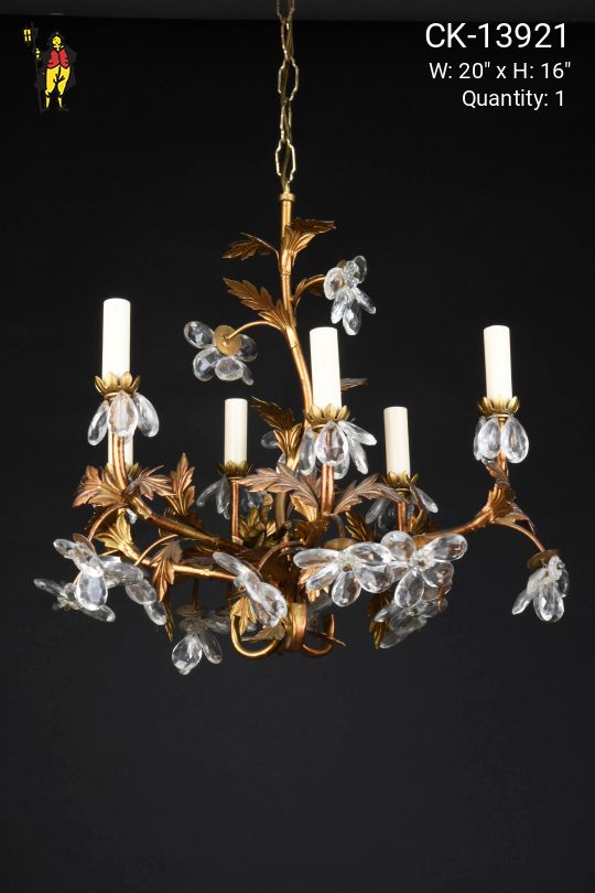 Six Light Brass & Crystal Floral Chandelier