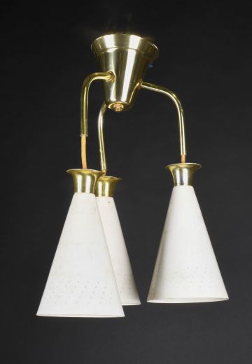 White & Brass Three Light Mid Century Pendant