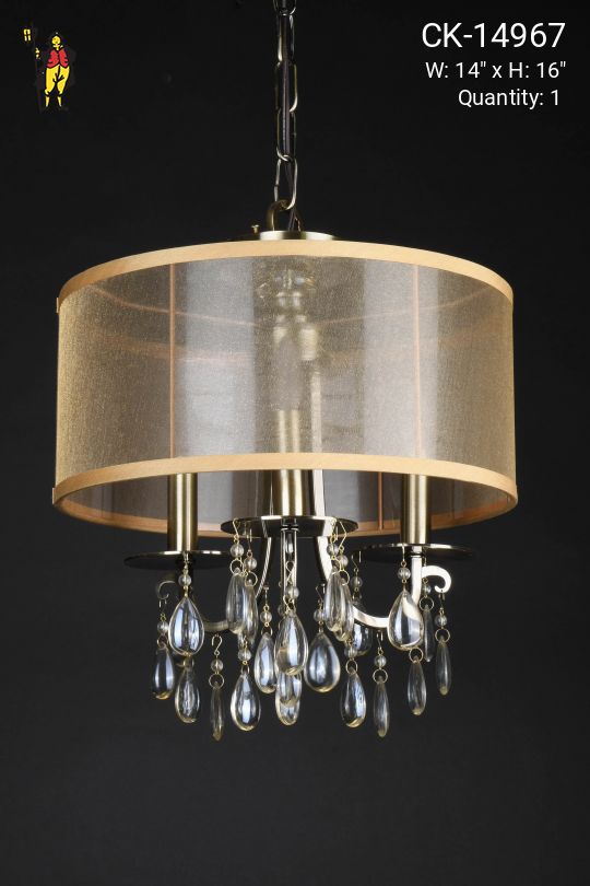 Three Light Fabric Shaded Chandelier w/Crystal Drops
