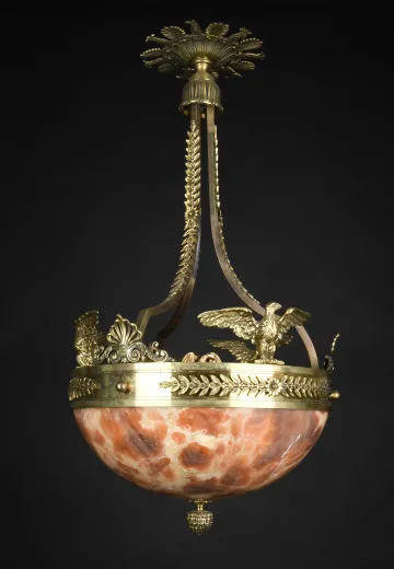 Polished Brass & Alabaster Hanging Bowl Chandelier