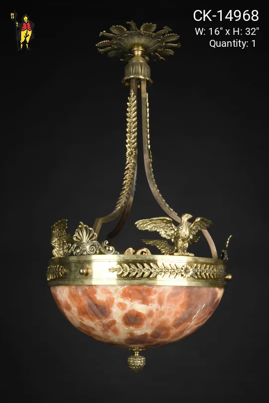 Polished Brass & Alabaster Hanging Bowl Chandelier