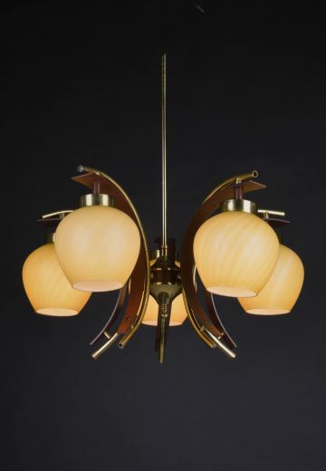 Wood & Brass Five Light Glass Shaded Hanging Fixture