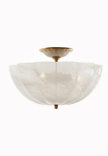 16" Semi Flush Antique Brass & White Glass Flush Mount Fixture (S)