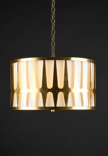 Brass & Fabric Drum Shade Three Light Hanging Pendant (Available as Flushmount of Hanging)