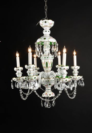 Vintage White/GreenSix Light Overlay Glass Crystal Chandelier