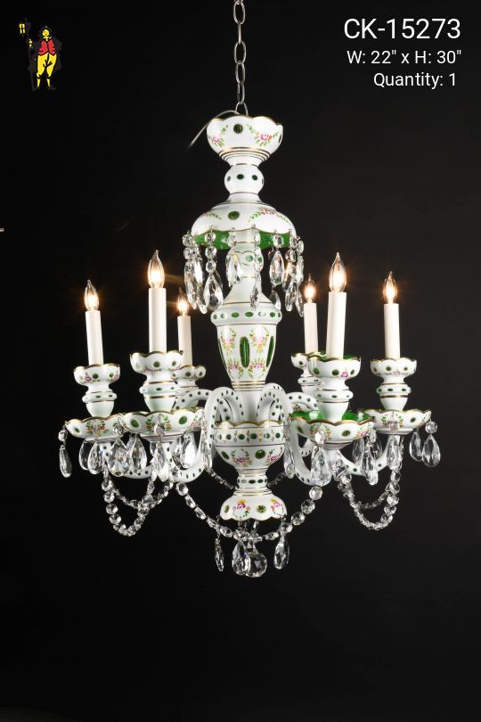 Vintage White/GreenSix Light Overlay Glass Crystal Chandelier