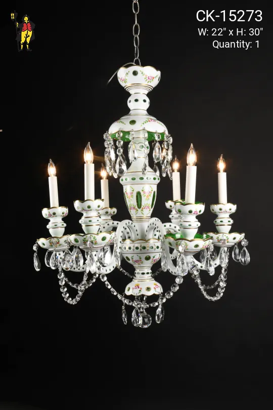 Vintage White/GreenSix Light Overlay Glass Crystal Chandelier