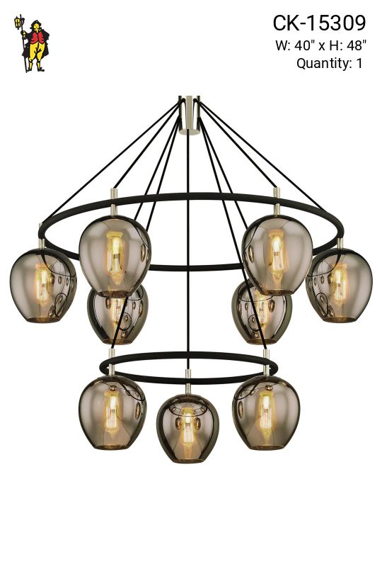 Black Nine Light Modern Chandelier w/Smoke Glass Shades