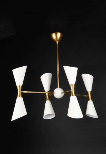 White & Brass Eight Light Up-Down Directional Adjustable Hanging Fixture