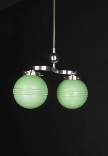 Polished Nickel Two Light Pendant w/Green Glass Globes
