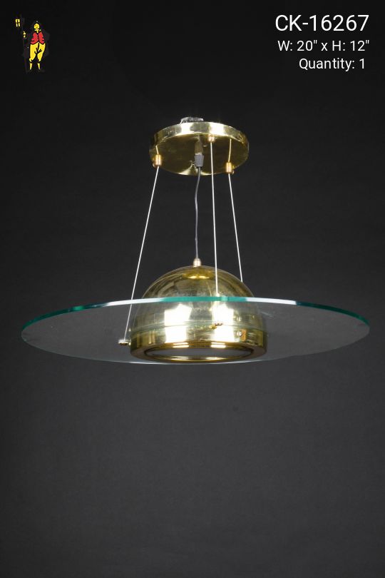 Polished Brass & Glass "Saucer" Semi Flush Hanging Fixture