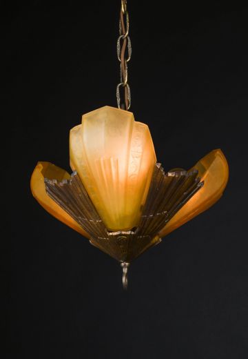 Art Deco Three Light Glass Shaded Hanging Pendant