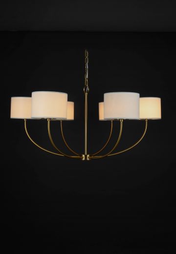 Brass Six Light Curved Arm Chandelier w/Fabric Shades & Glass Diffusers