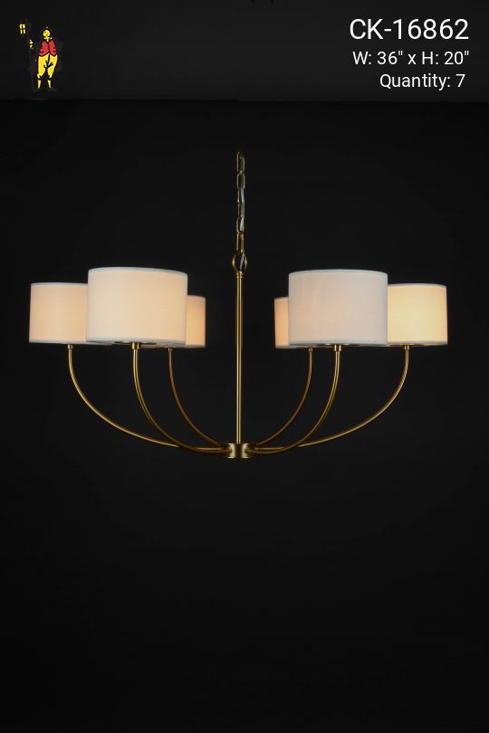Brass Six Light Curved Arm Chandelier w/Fabric Shades & Glass Diffusers