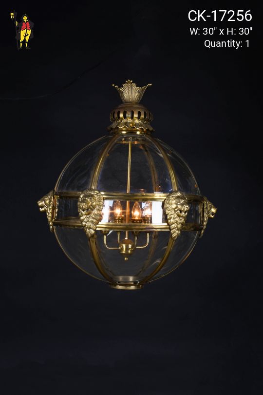 Brass & Glass Hanging Globe w/Brass Lion Busts