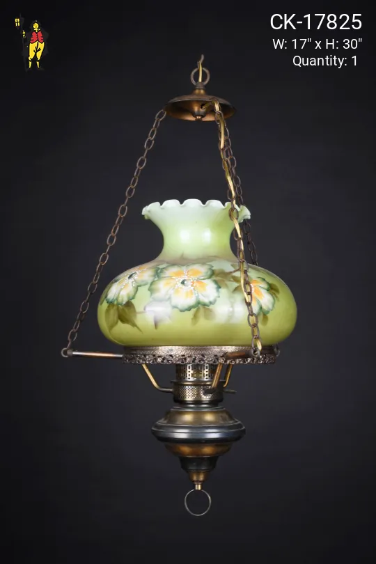 Green Floral Shaded Antique Brass Victorian Hanging Pendant