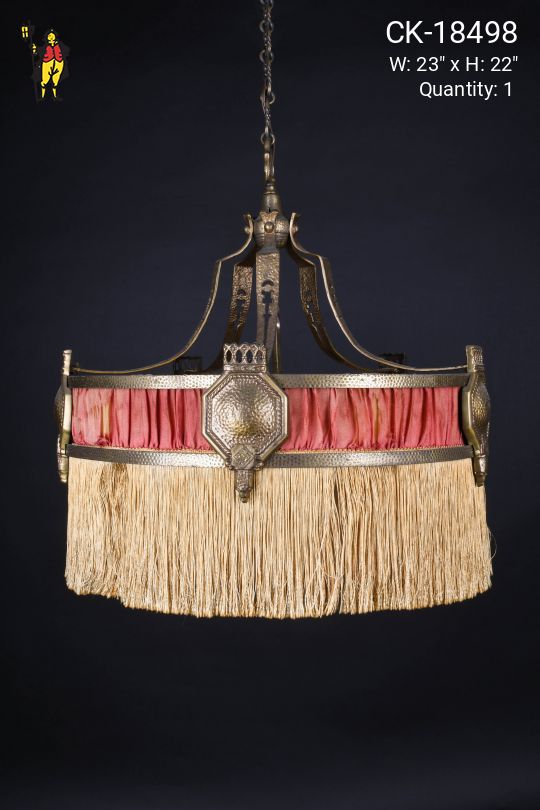 Antique Brass & Fabric Victorian Hanging Fixture w/Beige Fringe