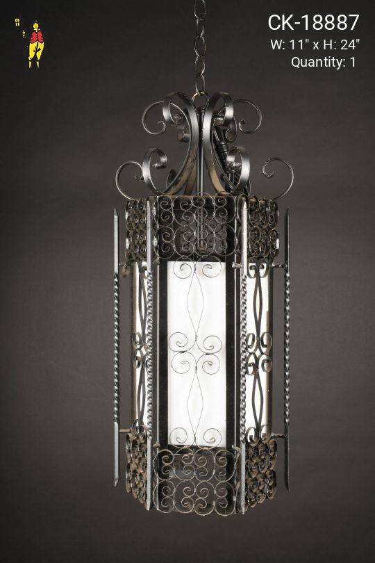 Gothic Iron Hanging Lantern w/White Glass