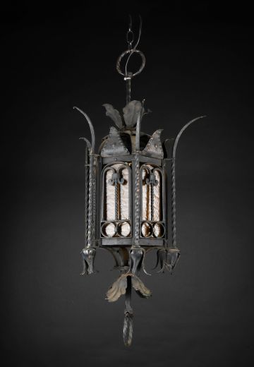 Gothic Iron Hanging Lantern w/Amber Glass