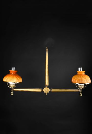 46" Brass Two Light Linear Faux Gaslight Electrified Hanging Fixture (Available w/Amber or Green Student Shades)