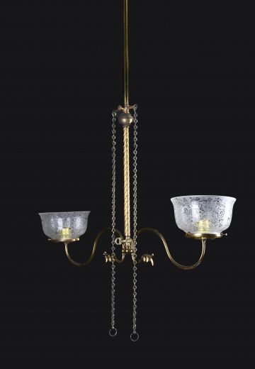 Faux-Oil/Gaslight Electrified Linear Two Light Hanging Fixture w/Victorian Style Pull Chain