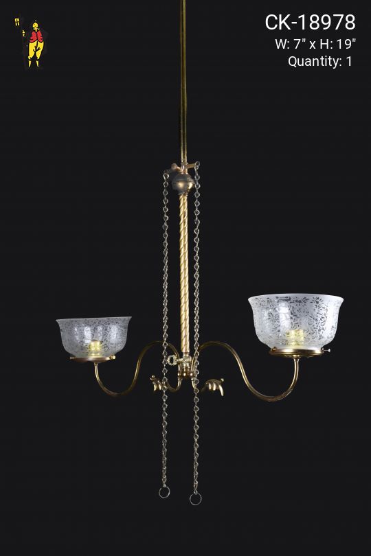 Faux-Oil/Gaslight Electrified Linear Two Light Hanging Fixture w/Victorian Style Pull Chain