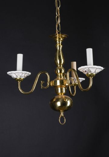 Polished Brass & Porcelain Three Light Chandelier