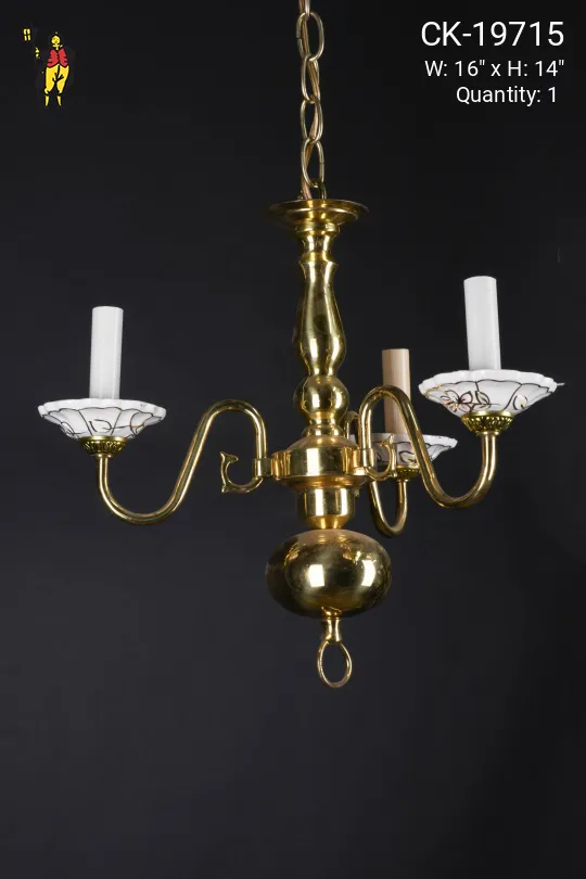 Polished Brass & Porcelain Three Light Chandelier