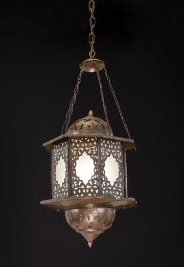 Old Pierced Metal & Frosted Glass Moorish Lantern