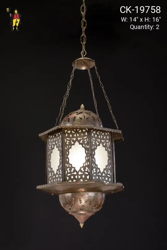 Old Pierced Metal & Frosted Glass Moorish Lantern