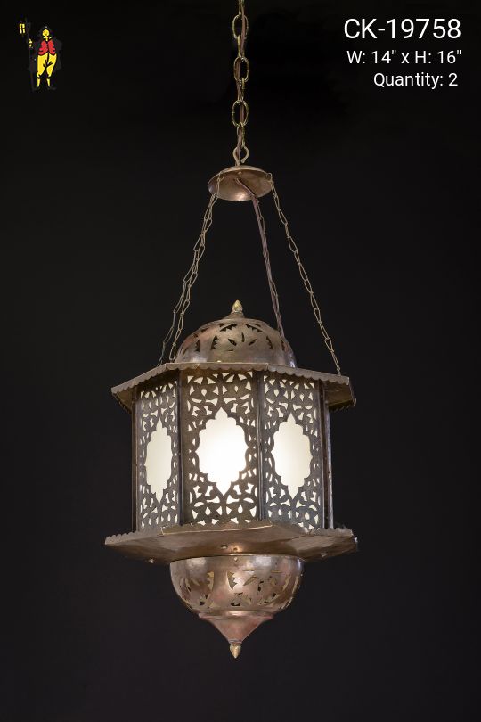 Old Pierced Metal & Frosted Glass Moorish Lantern