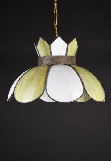 Green & White Slag Glass Hanging Pendant