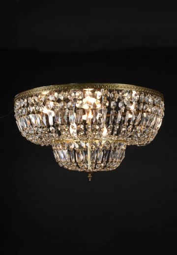 30" Brass & Crystal Two Tiered Basket Flush Mount Fixture
