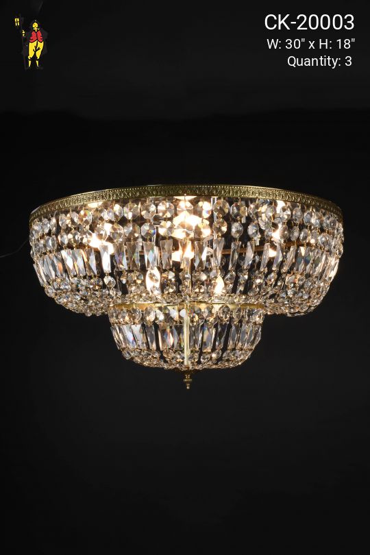 30" Brass & Crystal Two Tiered Basket Flush Mount Fixture