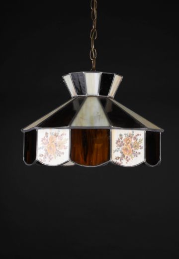 Brown Art Glass Hanging Pendant w/Painted Floral Pattern
