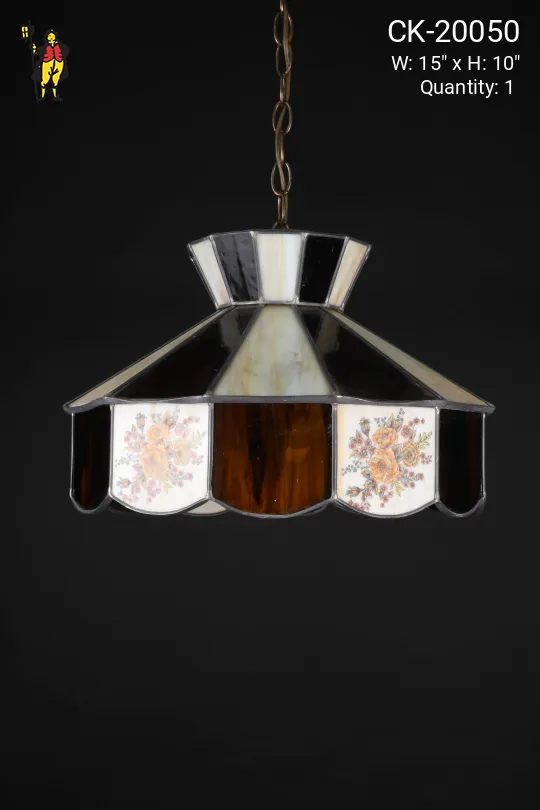 Brown Art Glass Hanging Pendant w/Painted Floral Pattern