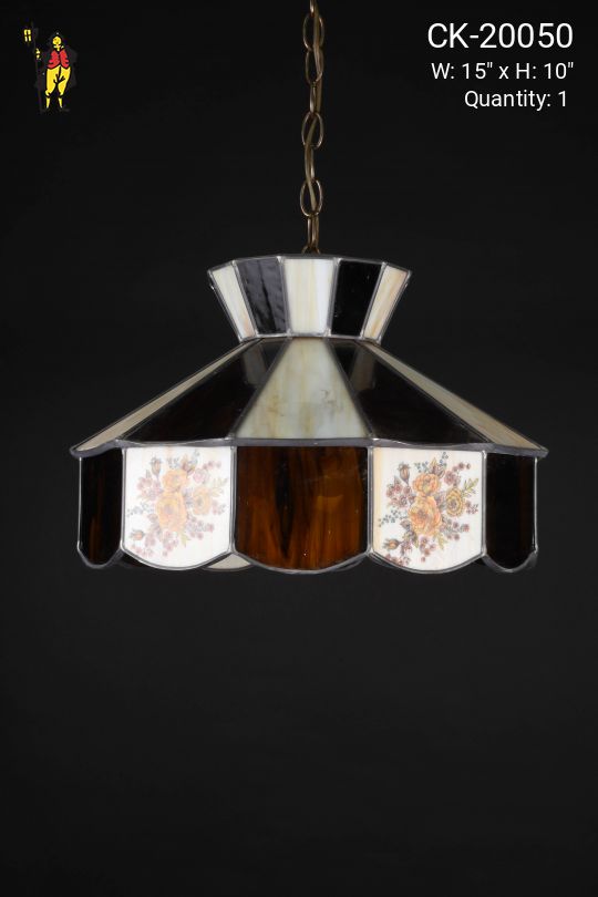 Brown Art Glass Hanging Pendant w/Painted Floral Pattern