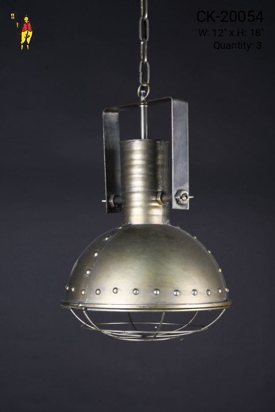 Antique Brass Industrial Hanging Fixture w/Cage