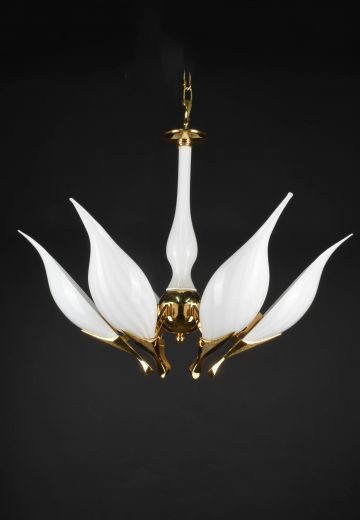 White Glass & Polished Brass Hanging Chandelier