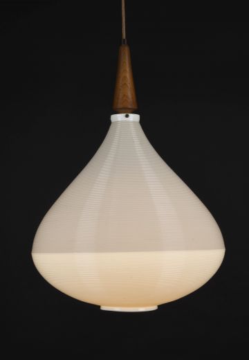 White Ribbed Plastic Mid Century Hanging Pendant