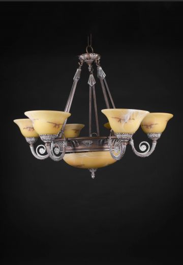 Bronze Six Light Chandelier w/Alabaster Shades
