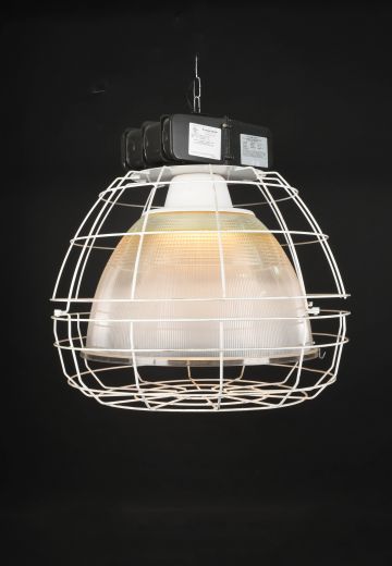 Large Halophane Style Caged Hanging Industrial Pendant