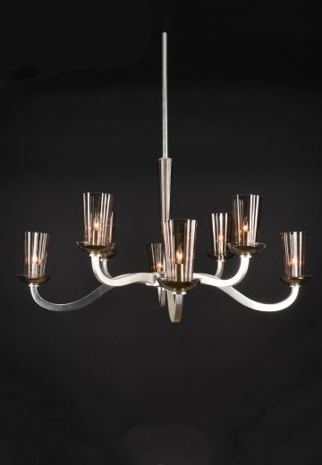 Nickel Eight Light Chandelier w/Smoke Glass Shades (On 21" Stem)