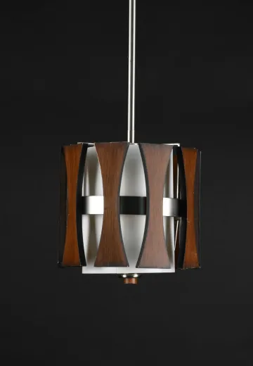 Small Wooden & Fabric Shaded Mid Century Hanging Pendant