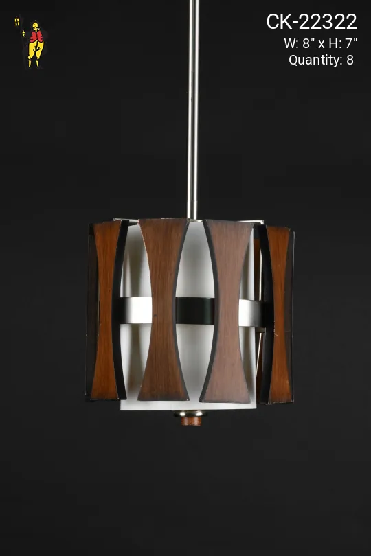Small Wooden & Fabric Shaded Mid Century Hanging Pendant