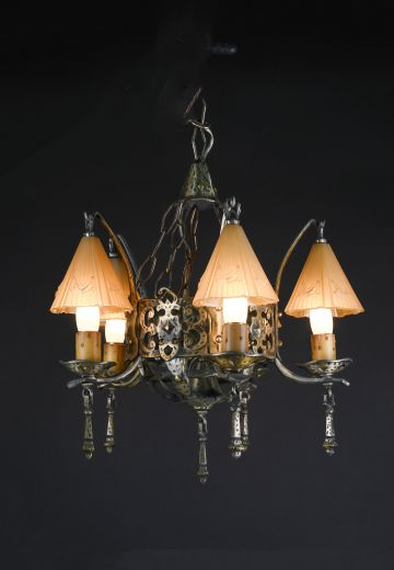 Five Light Glass Shaded Gothic Chandelier