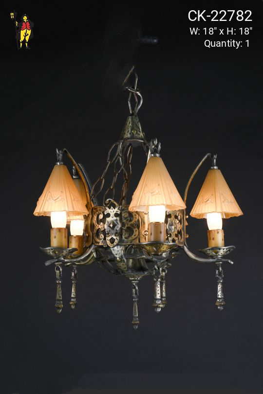 Five Light Glass Shaded Gothic Chandelier