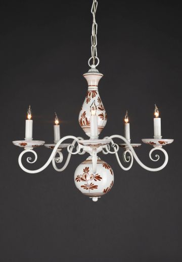 Floral Painted White Five Light Traditional Chandelier