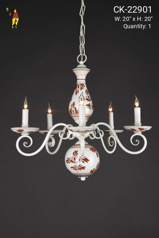 Floral Painted White Five Light Traditional Chandelier