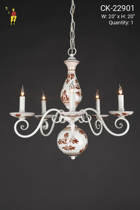 Floral Painted White Five Light Traditional Chandelier